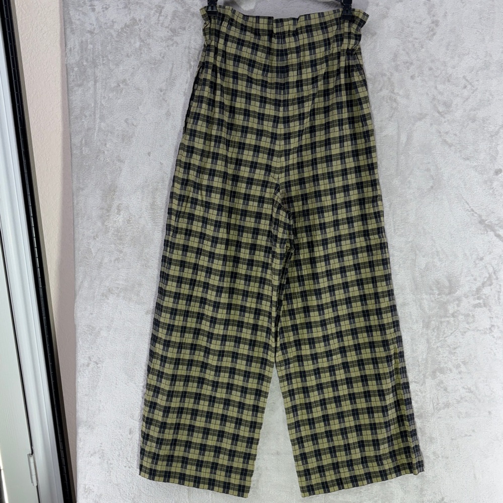 NWT--Ganni Plaid Wide Leg Seersucker Pants in Olive Green & Black Size 34=XS=US2 - Picture 10 of 11